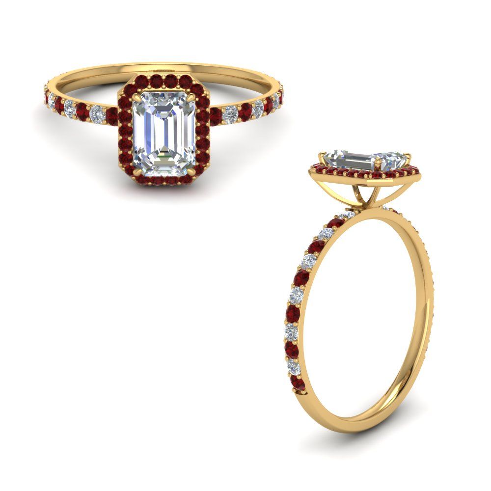 Emerald Cut Delicate Halo Diamond Engagement Ring With Ruby In 14k Yellow  Gold | Fascinating Diamonds Regarding Ruby Delicate Halo Rings (View 3 of 25)