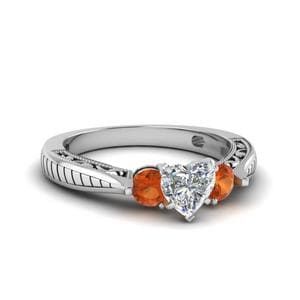 Emerald Cut Vintage Style Three Stone Engagement Ring With Orange Sapphire  In 14k White Gold | Fascinating Diamonds Inside Stackable Dark Orange Sapphire Rings (View 21 of 25)