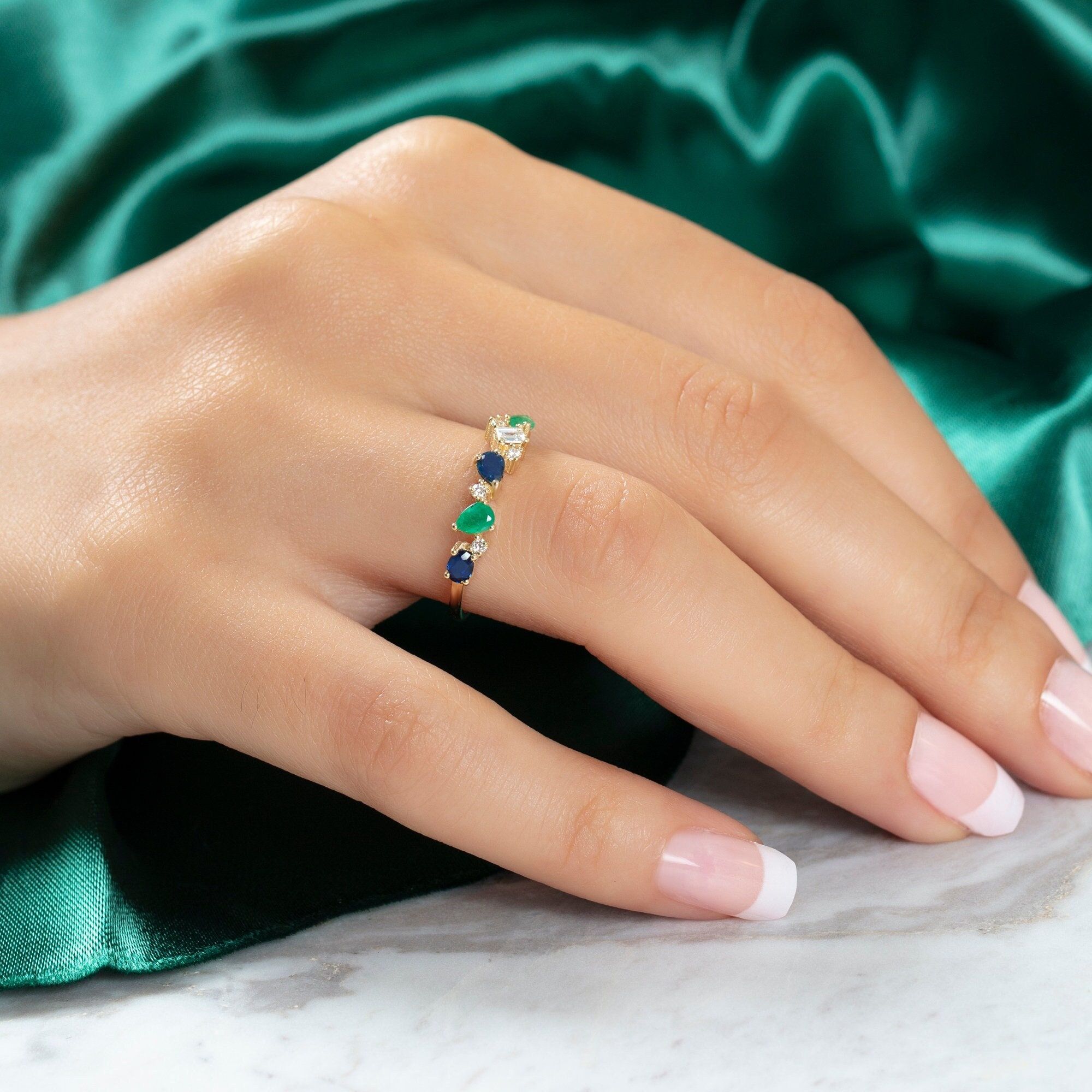 Emerald Sapphire Diamond Stacking Ring / 14k Gold Pear Cut – Etsy Intended For Stackable Pear Cut Sapphire Rings (View 8 of 25)