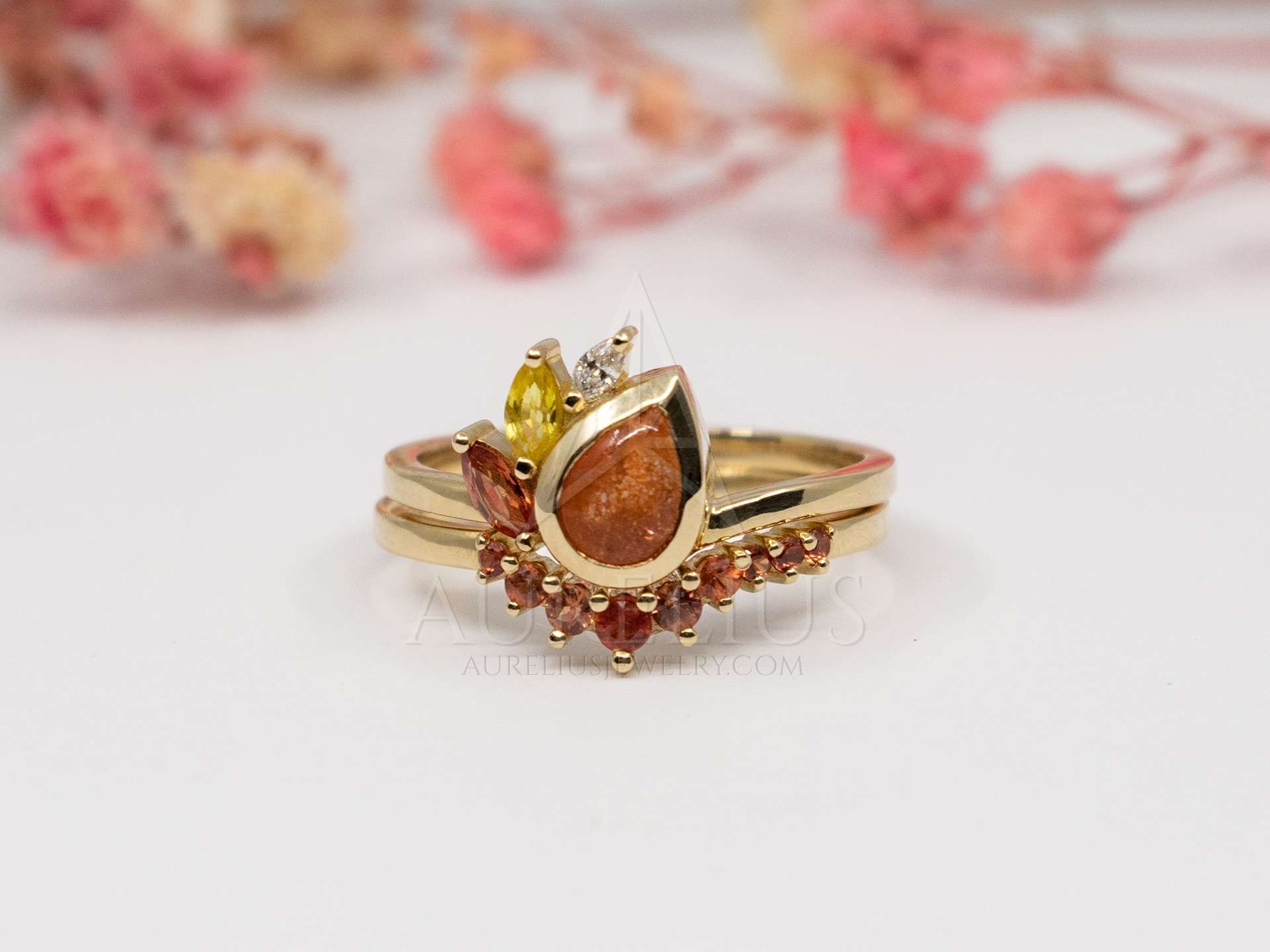 Fire Element – Pear Orange Cabochon Sunstone And Orange Sapphire Wedding  Ring Set – Aurelius Jewelry Inside Stackable Dark Orange Sapphire Rings (Photo 25 of 25)