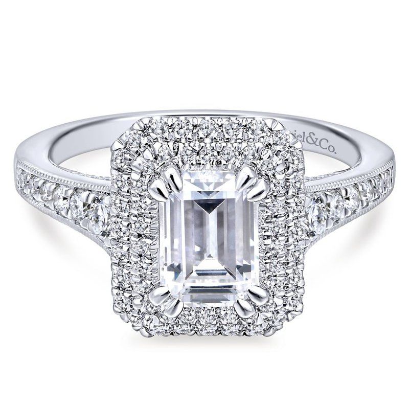 Gabriel Bridal 14k White Gold Double Halo Emerald Cut Diamond Engagement  Ring – Gary Michaels Fine Jewelry Within Emerald Rings With Double Halo (View 21 of 25)