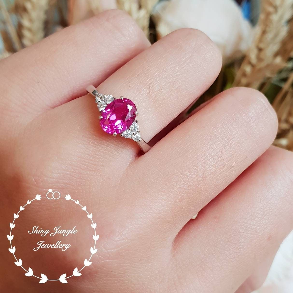 Genuine Lab Grown Oval Cut Pink Sapphire Three Stone – Etsy Pertaining To Stackable Oval Cut Pink Sapphire Rings (View 7 of 25)