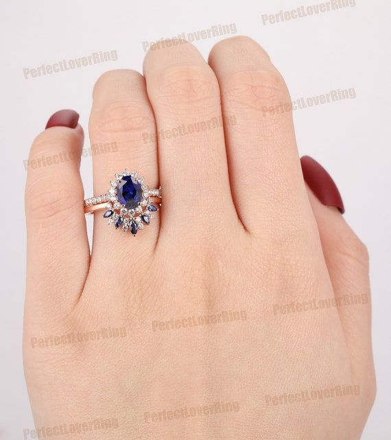 Halo 6x8mm Oval Cut Sapphire Ring/ Wedding Ring Set/ Solid 14k – Etsy Throughout Stackable Oval Cut Sapphire Rings (View 8 of 25)
