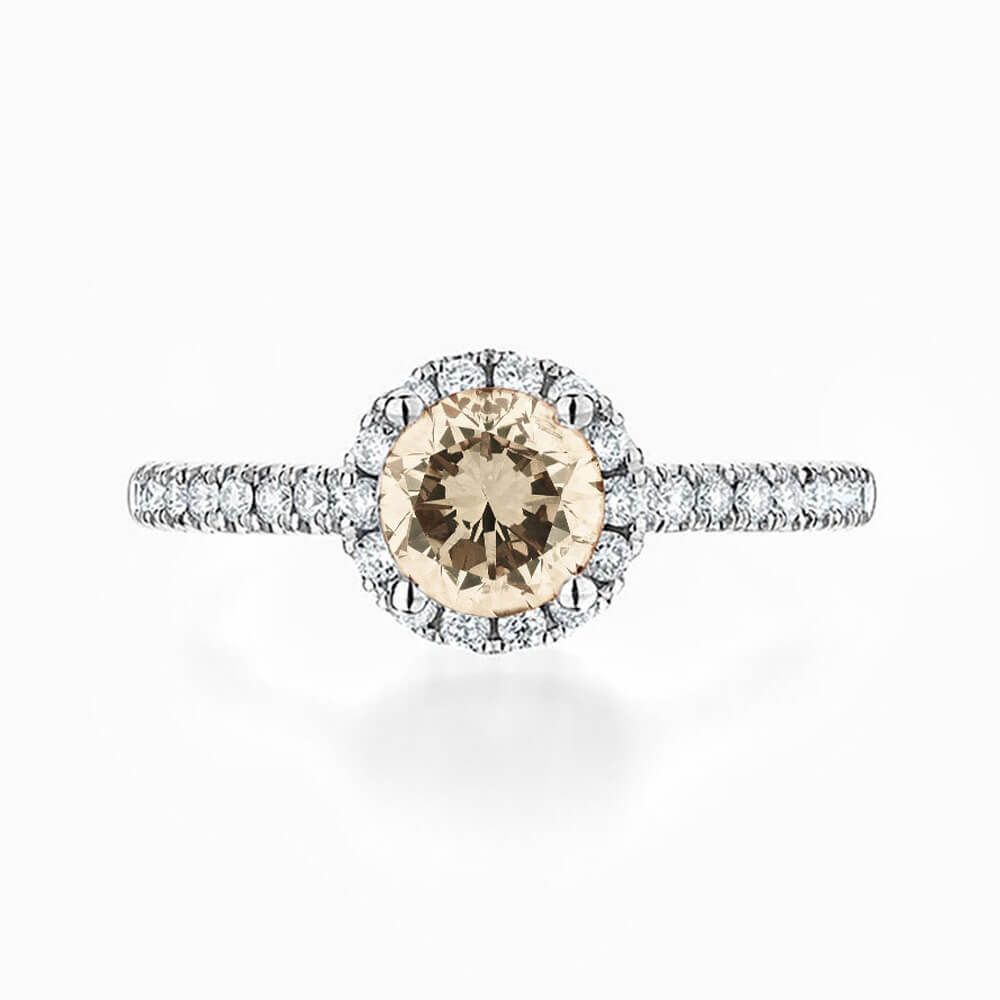 Halo Round Champagne Diamond Engagement Ring Within Champagne Diamond Eternity Rings (View 13 of 25)