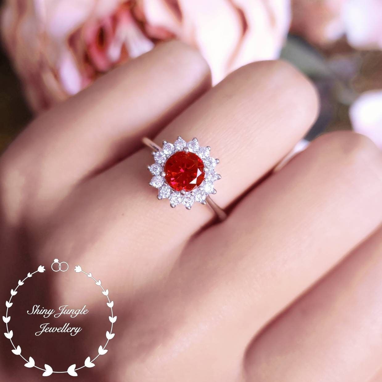 Halo Round Cut Genuine Lab Grown Ruby Engagement Ring July – Etsy In Ruby Delicate Halo Rings (View 1 of 25)