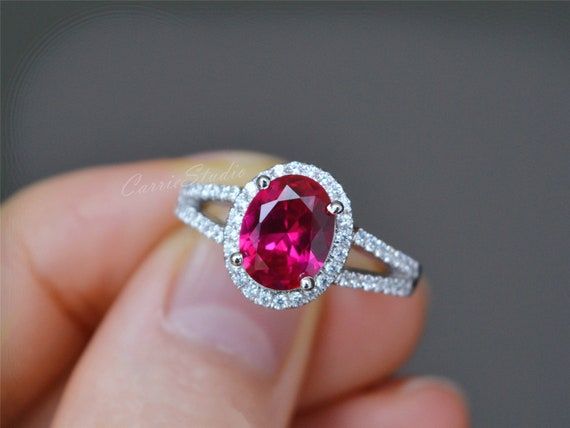 Halo Ruby Ring 7 9 Oval Ruby Engagement Ring / Sterling – Etsy Italia With Regard To Ruby Halo Rings (View 12 of 25)