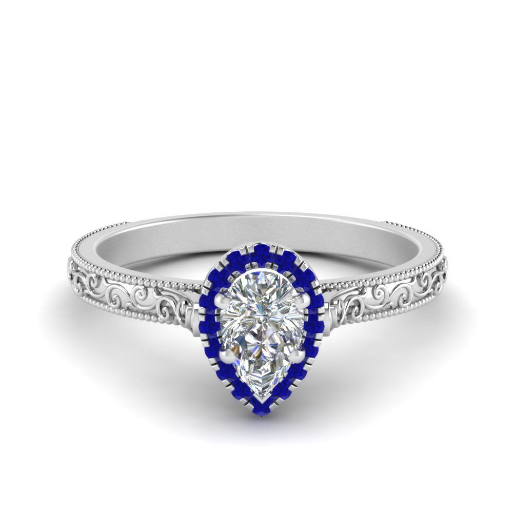 Hand Engraved Pear Shaped Halo Diamond Engagement Ring With Sapphire In 14k  White Gold | Fascinating Diamonds Regarding Pear Shape Sapphire Halo Rings (View 12 of 25)
