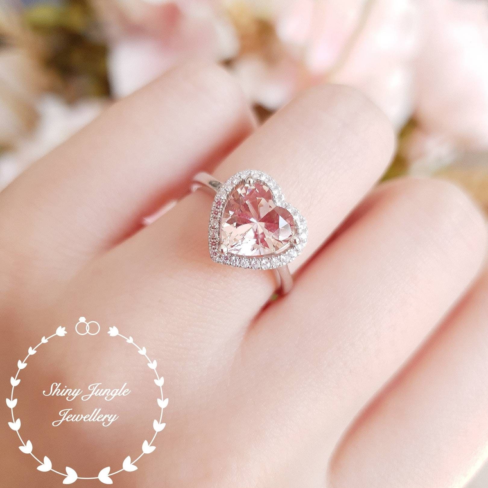 Heart Shaped Halo Morganite Ring Morganite Engagement Ring – Etsy Intended For Morganite Halo Promise Rings (View 5 of 25)