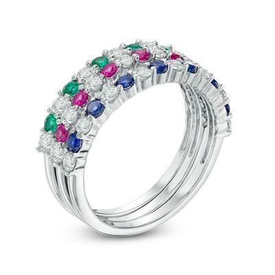 Lab Created Emerald, Ruby, Blue And White Sapphire Three Piece Stackable  Ring Set In Sterling Silver | Zales In Stackable Oval Cut Sapphire Rings (View 22 of 25)