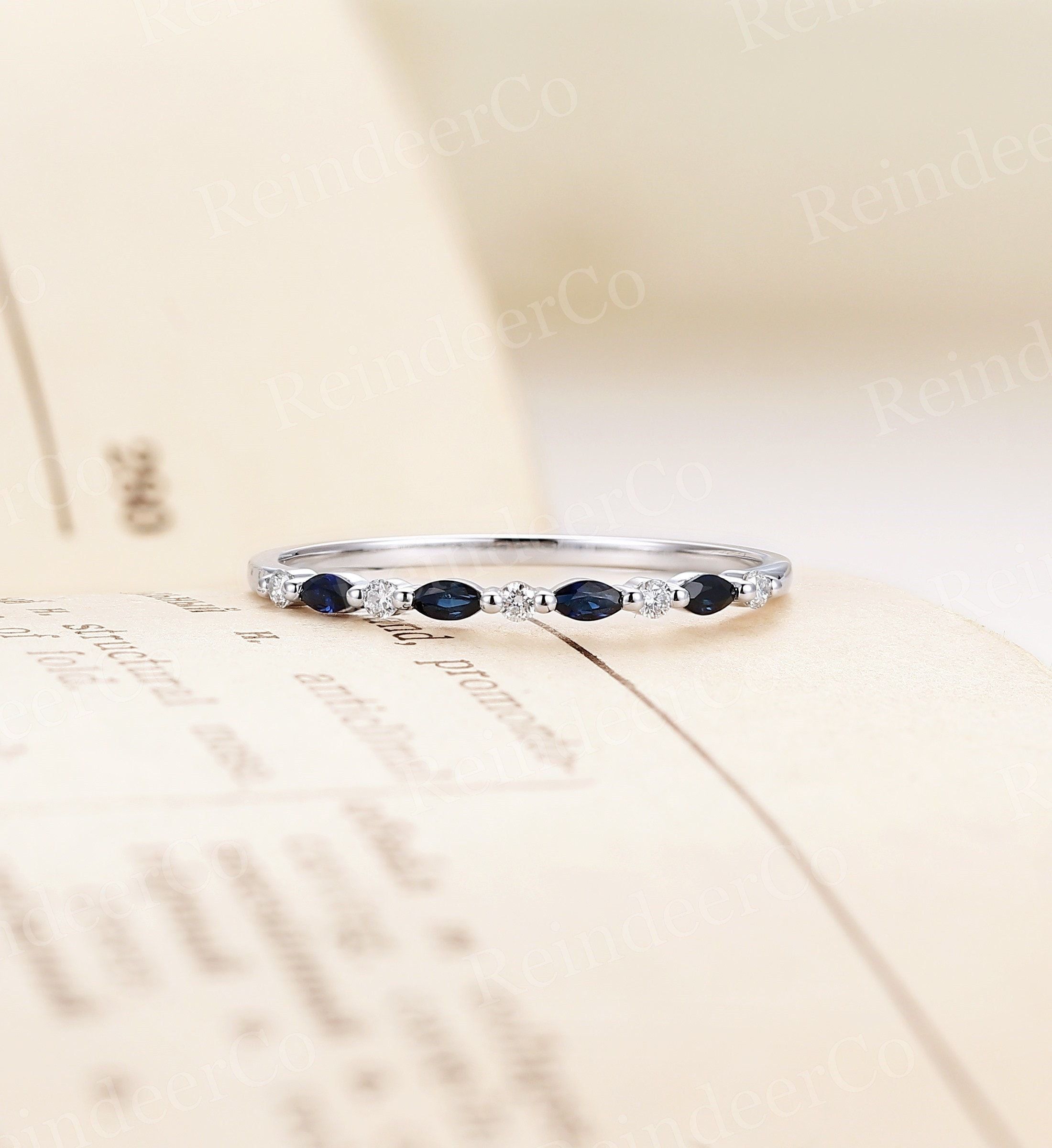 Marquise Diamond And Sapphire Ring – Etsy With Marquise Sapphire Thin Beaded Stack Rings (View 12 of 25)