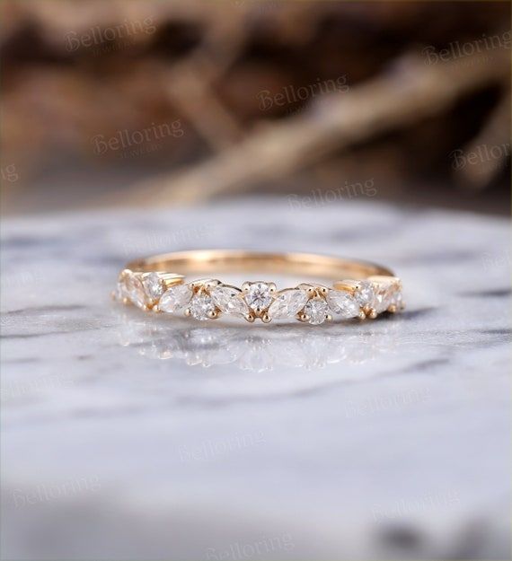 Marquise Moissanite Diamond Wedding Band Vintage Yellow Gold – Etsy Intended For Marquise Shape Eternity Band Rings With Round Diamonds (View 15 of 25)