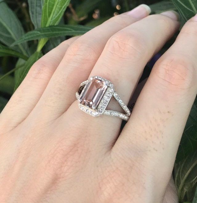 Morganite Genuine Rectangle Halo Engagement Ring  Morganite Emerald Cut Promise  Ring For Her  Split Double Band Ring  Pink Stone Silver Ring For Morganite Halo Promise Rings (Photo 25 of 25)