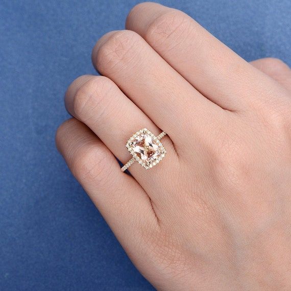 Morganite Ring White Gold Engagement Ring Halo Diamond Half – Etsy With Morganite Halo Promise Rings (View 17 of 25)