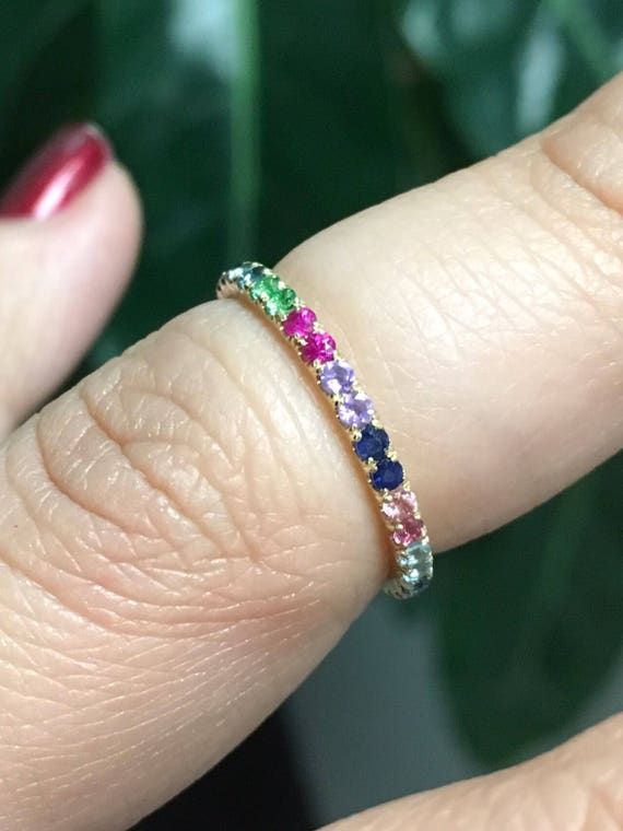 Multicolore Rainbow Sapphire Pave Eternity Band 2mm Couleur – Etsy France Within Rainbow Sapphire Stack Bands Rings (View 1 of 25)