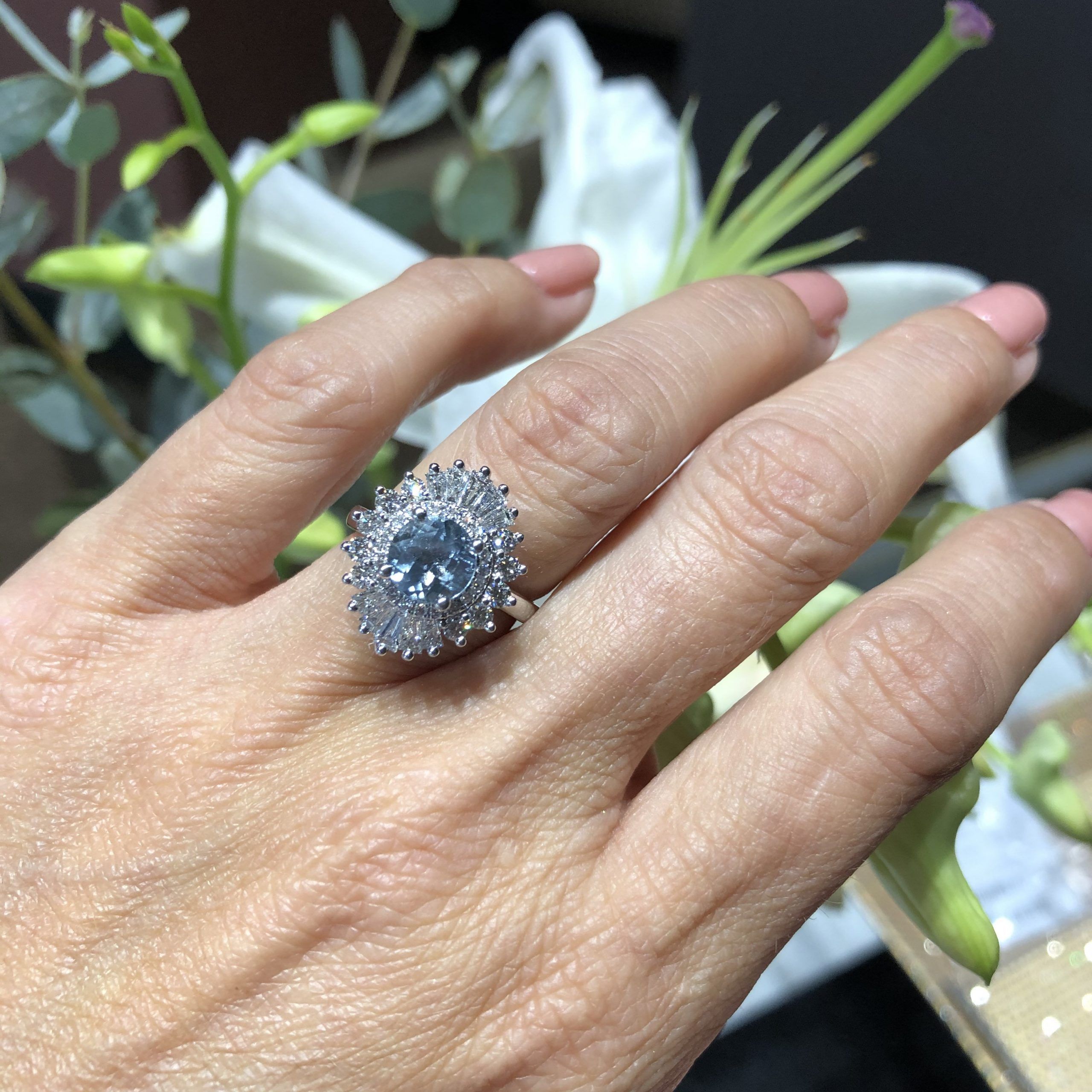 Natural Aquamarine Engagement Ring Art Deco Cluster Diamonds – Etsy  Singapore Within Aquamarine And Diamond Rings (View 2 of 25)