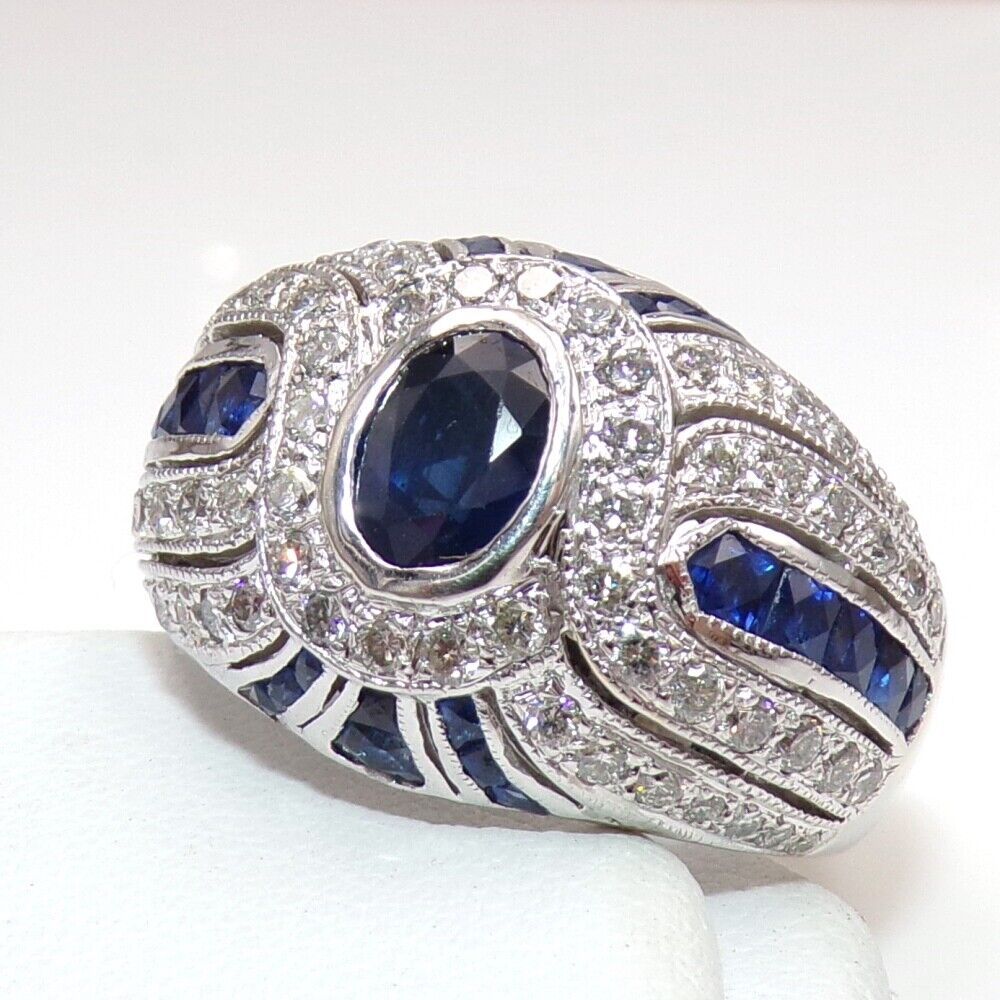 Natural Blue Sapphire & 1ctw Diamond Halo Dome 18k White Gold Ring Size  (View 12 of 25)