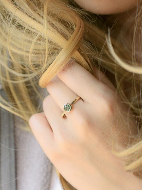 Olive Green Sapphire Bezel Stackable 14 Karat Gold Ring Pertaining To Stackable Green Sapphire Rings (View 6 of 25)