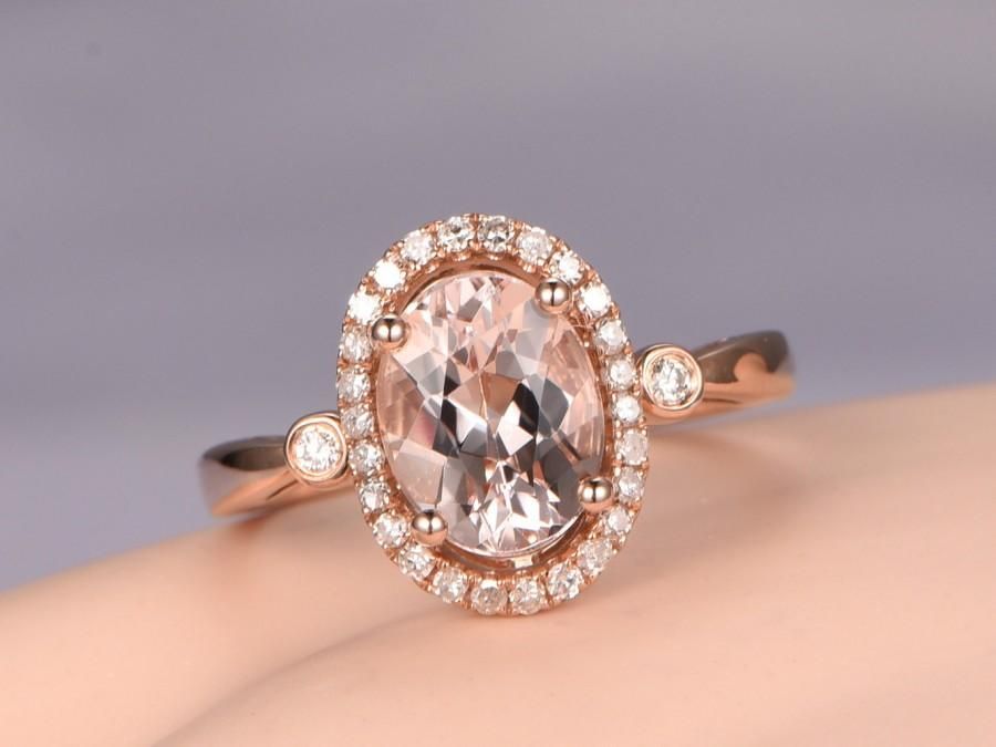 Oval 6x8mm Morganite Ring,diamond Engagement Ring,solid 14k Rose Gold  Band,pink Gemstone,bridal,halo Promise Ring #2680488 – Weddbook For Morganite Halo Promise Rings (View 19 of 25)