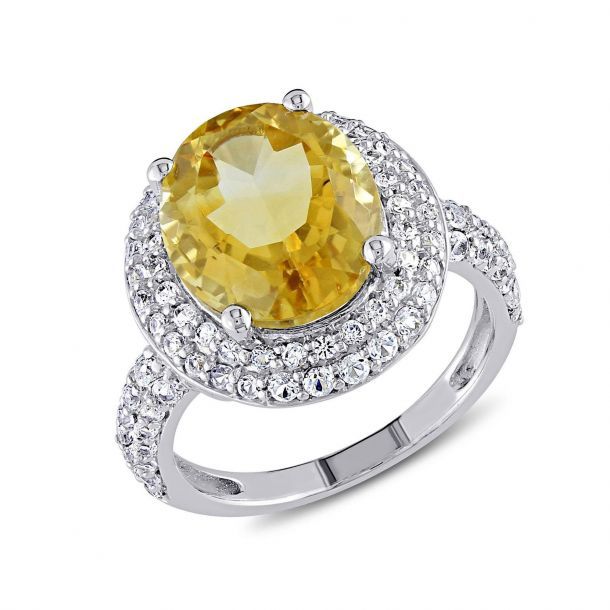 Oval Citrine And Created White Sapphire Double Halo Sterling Silver Ring |  Reeds Jewelers Inside Yellow Sapphire Double Halo Cocktail Rings (View 12 of 25)