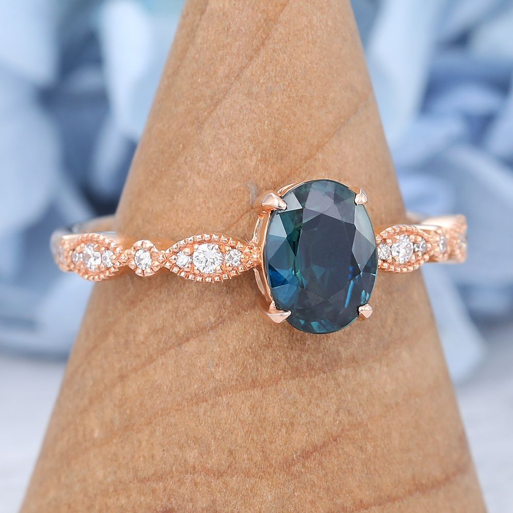 Oval Cut Blue Green Sapphire Engagement Ring Vintage Rose Gold Bridal  Promise Anniversary Gift – Amandafinejewelry In Stackable Oval Cut Sapphire Rings (View 10 of 25)