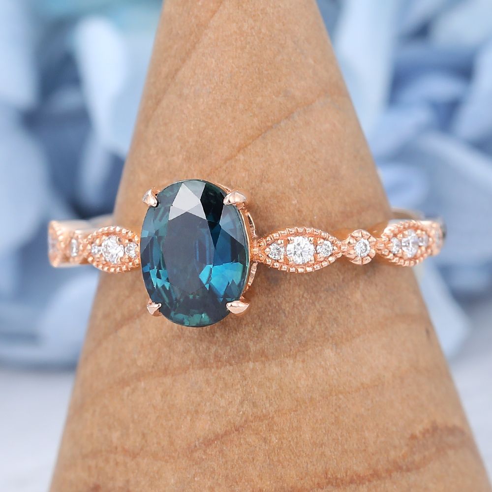 Oval Cut Blue Green Sapphire Engagement Ring Vintage Rose Gold Bridal  Promise Anniversary Gift – Amandafinejewelry Regarding Stackable Green Sapphire Rings (View 18 of 25)