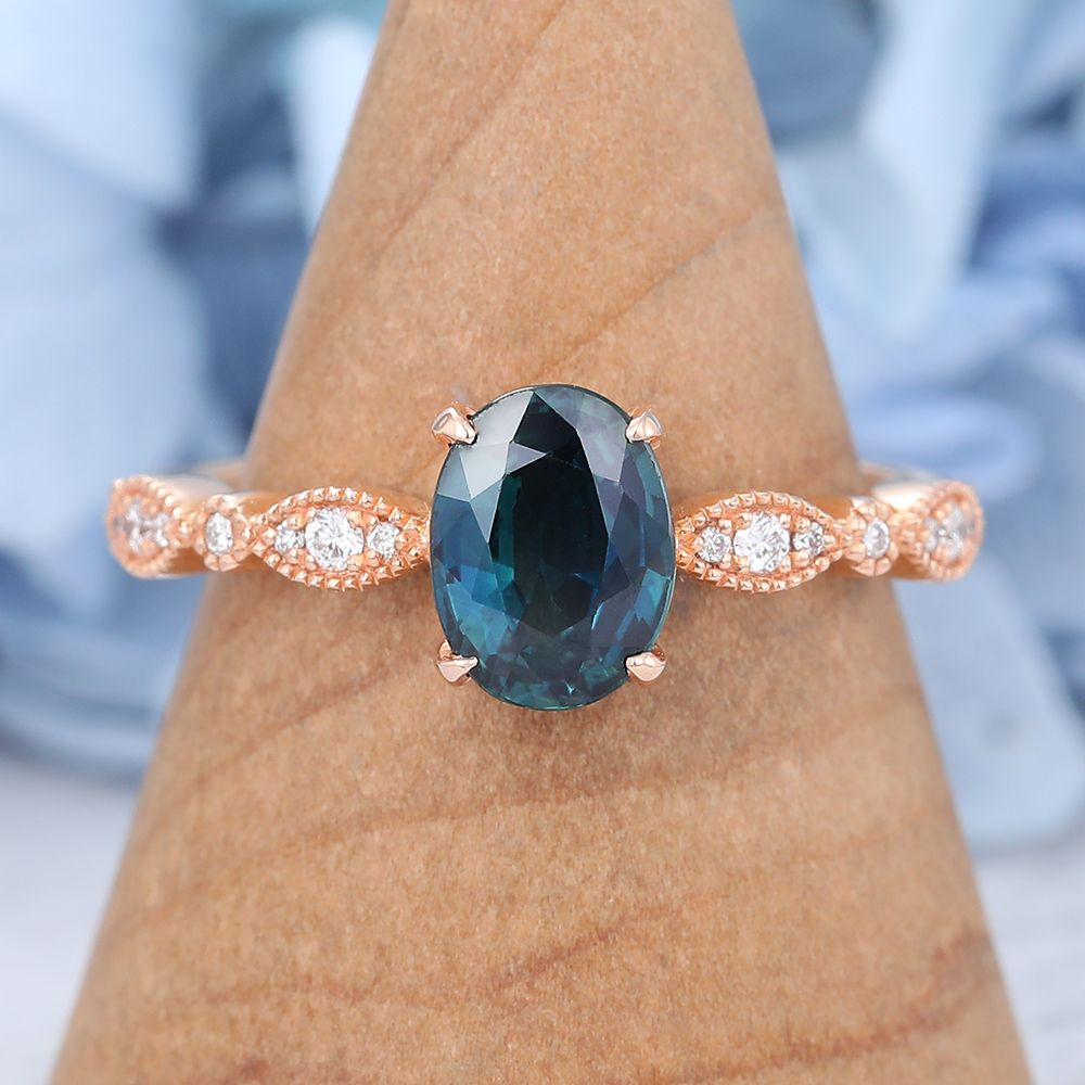 Oval Cut Blue Green Sapphire Engagement Ring Vintage Rose Gold Bridal  Promise Anniversary Gift – Amandafinejewelry With Regard To Stackable Oval Cut Sapphire Rings (View 6 of 25)