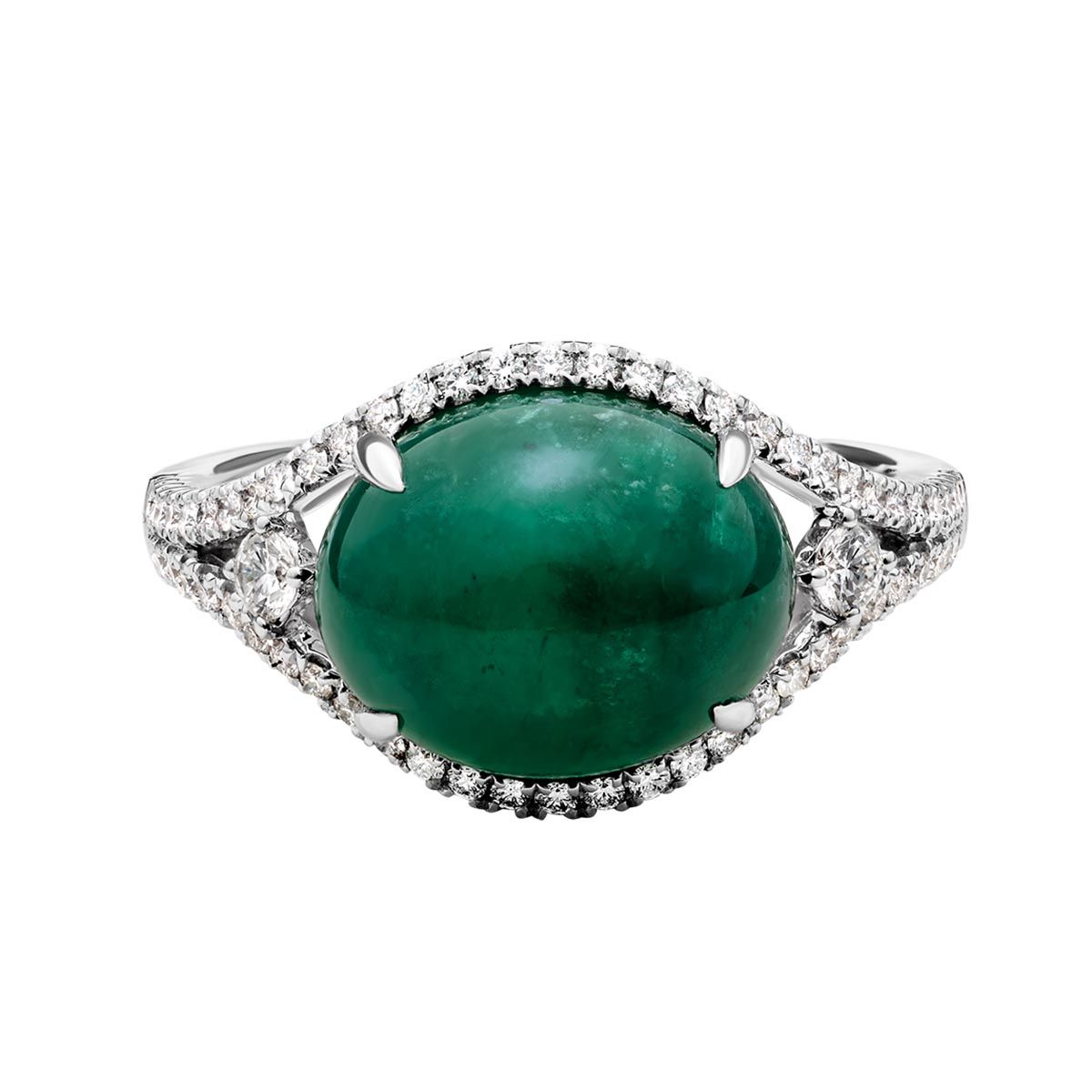 Oval Emerald Cabochon & Diamond Split Halo Ring In White Gold | Borsheims Within Emerald Cabochon Halo Rings (View 11 of 25)