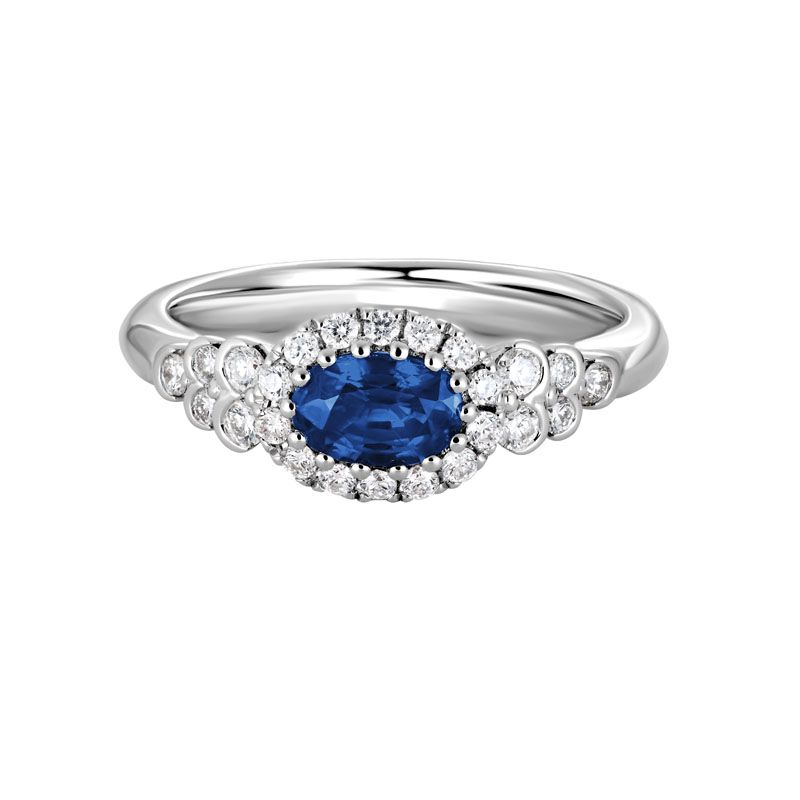 Oval Sapphire East West Ring With Diamond Halo & Side Stones In White Gold  | Borsheims Within East West Oval Sapphire Rings (View 11 of 25)