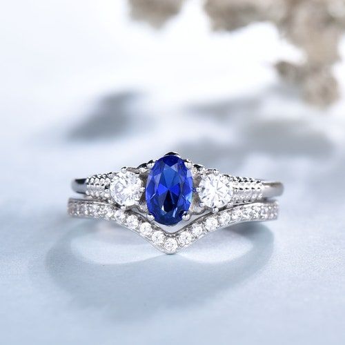 Oval Sapphire Ring Sapphire Wedding Ring Set Blue Sapphire – Etsy For Stackable Oval Cut Sapphire Rings (View 3 of 25)