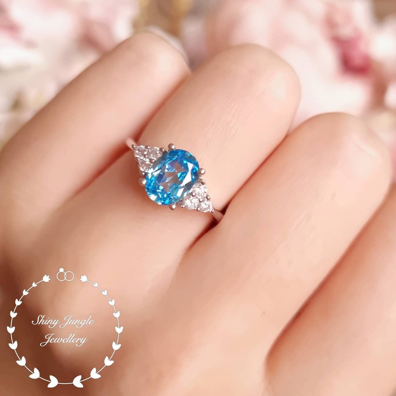 Oval Three Stone Swiss Blue Topaz Ring, 2 Carats 6*8 Mm Swiss Blue Topaz  Engagement Ring, Electric Blue Ring, December Birthstone Gift Throughout Blue Topaz Rings (View 6 of 25)