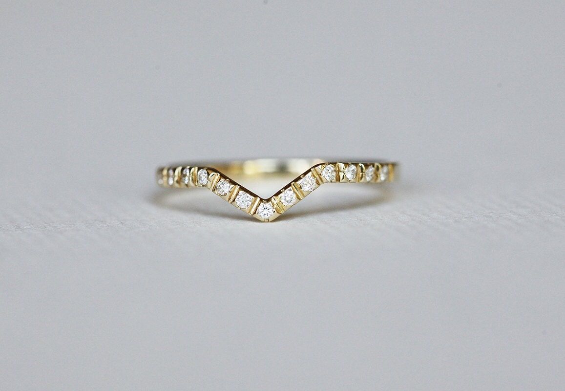 Pave Diamond Ring V Shaped Wedding Band Stacking Wedding – Etsy Throughout V Shaped Rings With Diamond Pave (View 24 of 25)