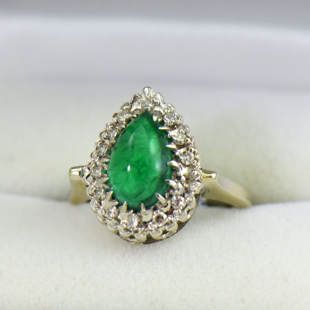 Pear Cabochon Emerald & Diamond Halo Ring | In Emerald Cabochon Halo Rings (View 14 of 25)