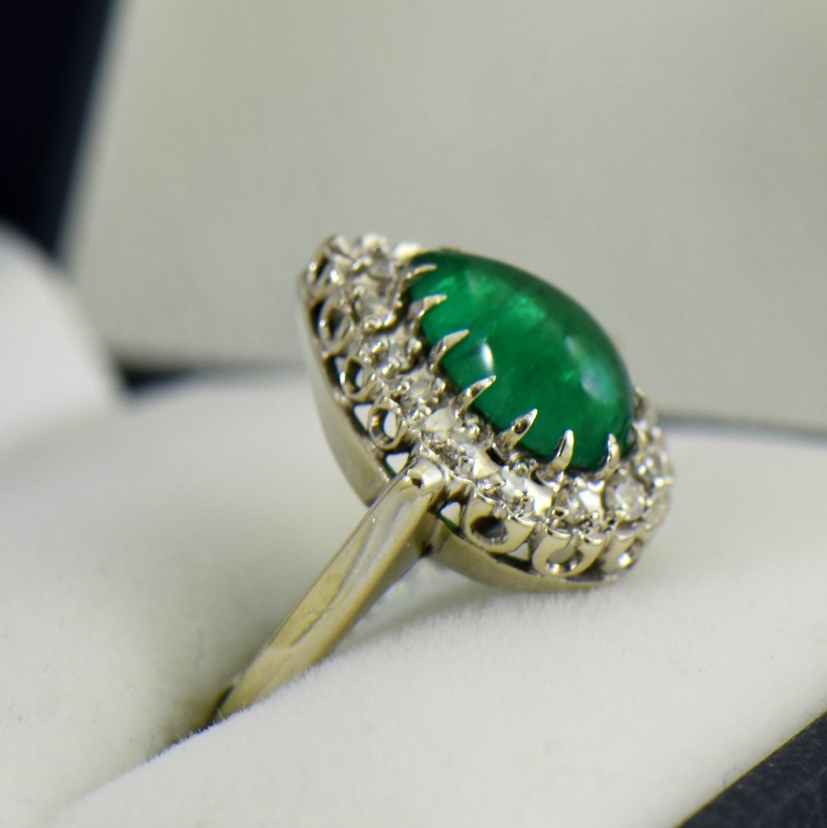 Pear Cabochon Emerald & Diamond Halo Ring | Pertaining To Emerald Cabochon Halo Rings (View 8 of 25)