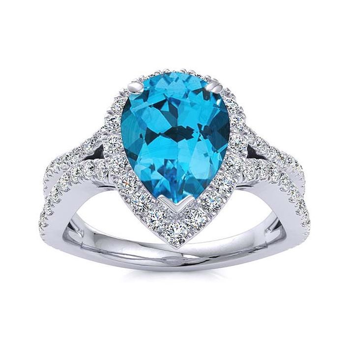 Pear Shape Blue Topaz Engagement Ring With Diamond Halo And Diamond Split  Shank, Bridal Wedding Ring Inside Blue Topaz Rings (View 15 of 25)
