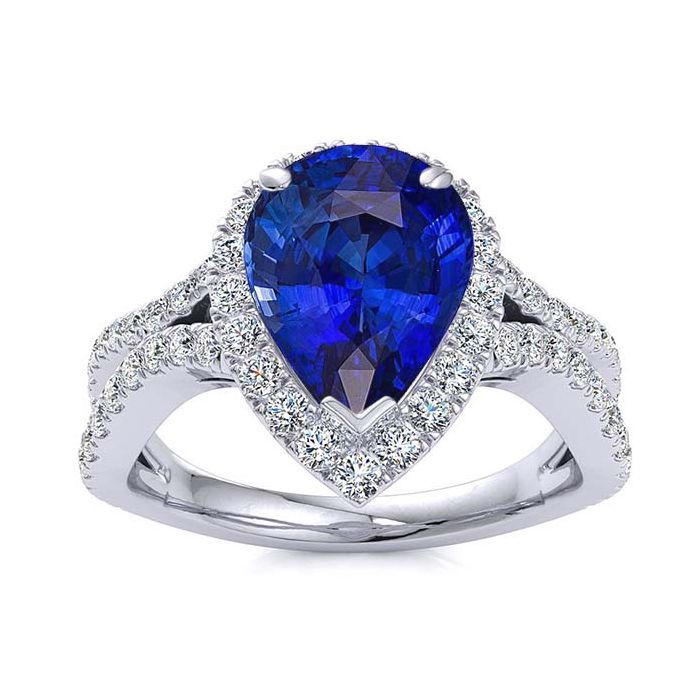 Pear Shaped Blue Sapphire Engagement Ring With Diamond Halo And Wavy  Diamond Split Shank In Micro Prong Setting With Regard To Pear Shape Sapphire Halo Rings (View 3 of 25)