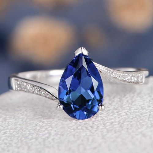 Pear Shaped Engagement Ring Lab Sapphire Ring Unique Curve – Etsy Inside Pear Shape Sapphire Halo Rings (View 6 of 25)