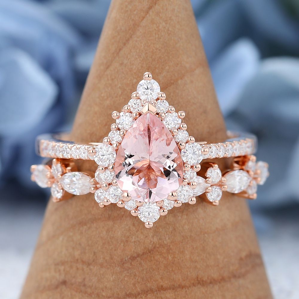 Pear Shaped Morganite Engagement Ring Set Rose Gold Bridal Anniversary Ring  – Amandafinejewelry Throughout Morganite Halo Promise Rings (View 12 of 25)