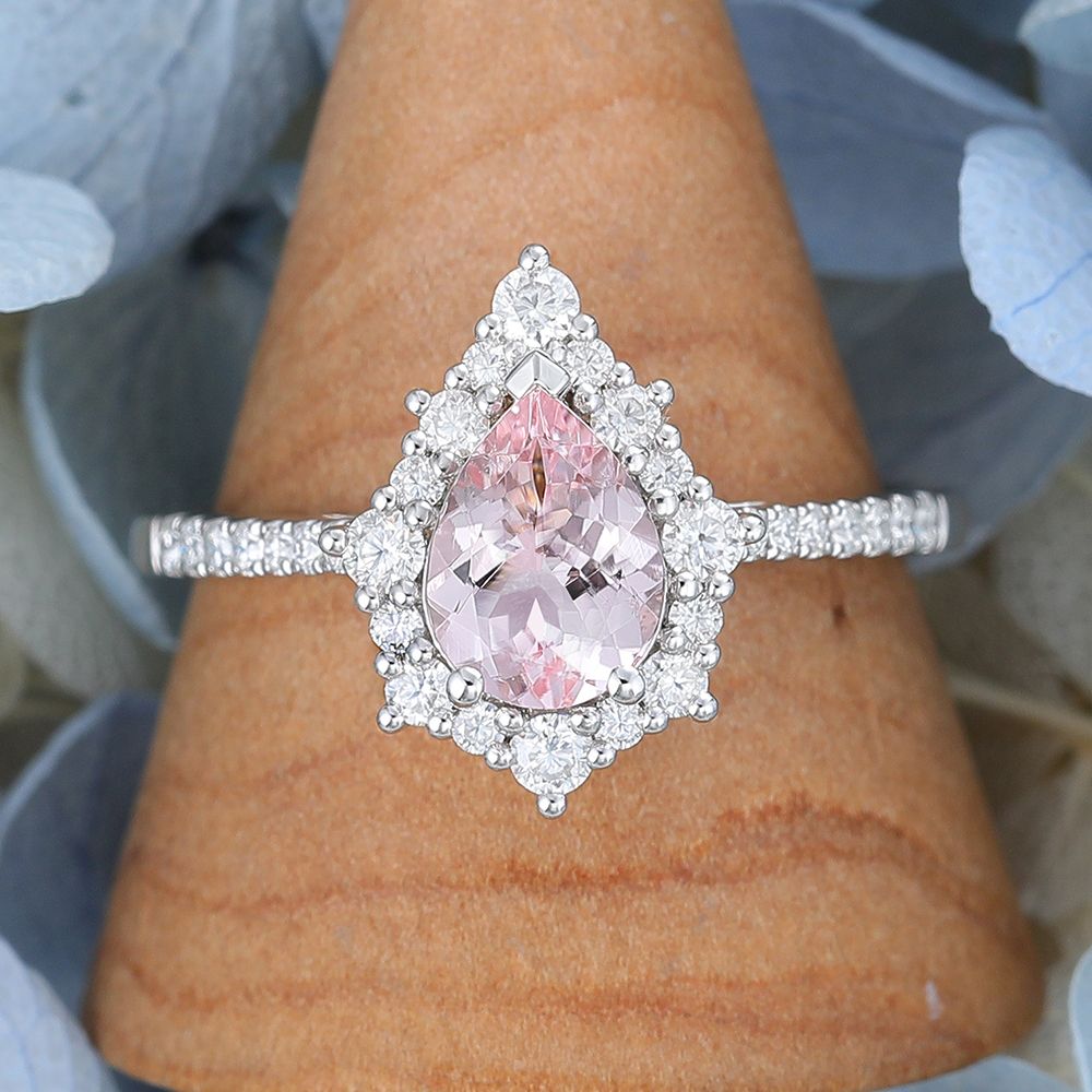 Pear Shaped Morganite Engagement Ring White Gold Unique Halo Ring –  Amandafinejewelry Pertaining To Morganite Halo Promise Rings (View 16 of 25)