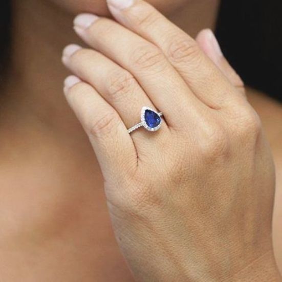 Pear Shaped (teardrop) Engagement Ring Ideas: Classic Platinum Blue Sapphire  With Halo (View 9 of 25)