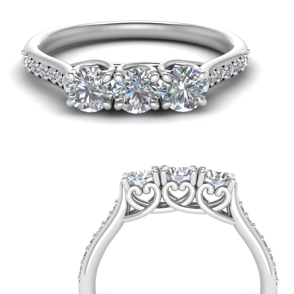 Petite Pave 3 Stone Round Diamond Wedding Band | Fascinating Diamonds For Petite 3 Diamonds Rings With Pave (View 1 of 25)