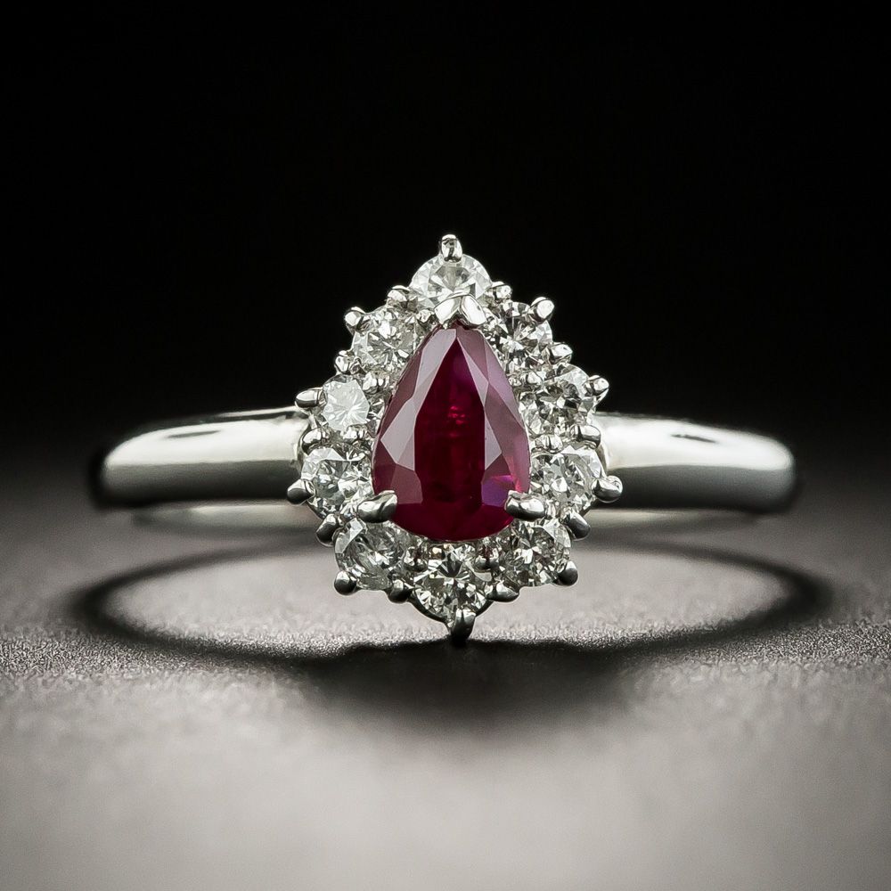 Petite Pear Shaped Ruby And Diamond Halo Ring Inside Petite Pear Shape Diamond Rings (View 13 of 25)