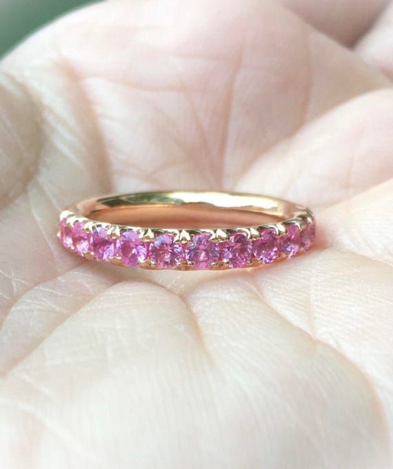 Pink Sapphire Half Eternity Band Pave Sapphire Band Ring 3mm – Etsy Intended For Pink Sapphire Semi Eternity Rings (View 3 of 25)