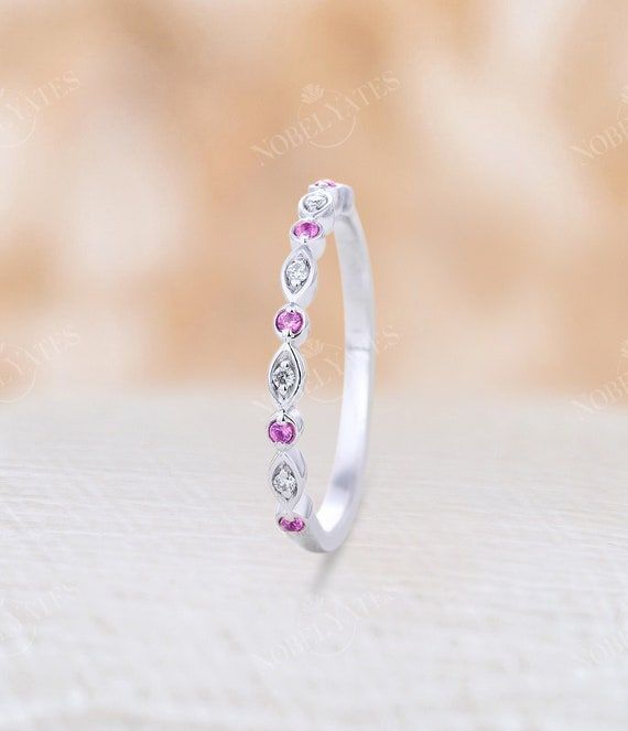 Pink Sapphire Wedding Band Art Deco Vintage Antique Half – Etsy With Pink Sapphire Semi Eternity Rings (View 22 of 25)