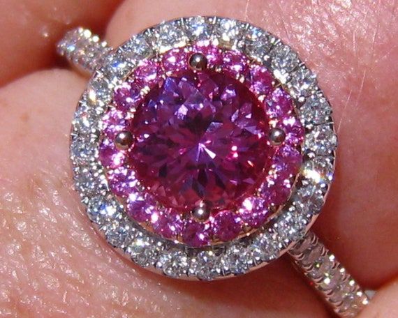 Precision Cut Bright Pink Round Sapphire Engagement Ring With – Etsy Israel Intended For Bright Cut Rings (Photo 25 of 25)