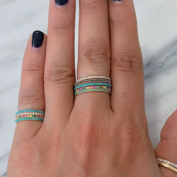 Rainbow Sapphire Full Micro Pavé 14k Solid Gold Stack Eternity – Etsy Regarding Rainbow Sapphire Stack Bands Rings (View 6 of 25)
