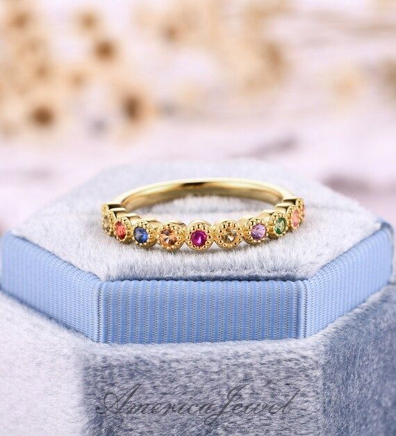 Rainbow Wedding Band 14k Gold Rainbow Sapphire Stacking Ring – Etsy With Regard To Rainbow Sapphire Stack Bands Rings (View 11 of 25)