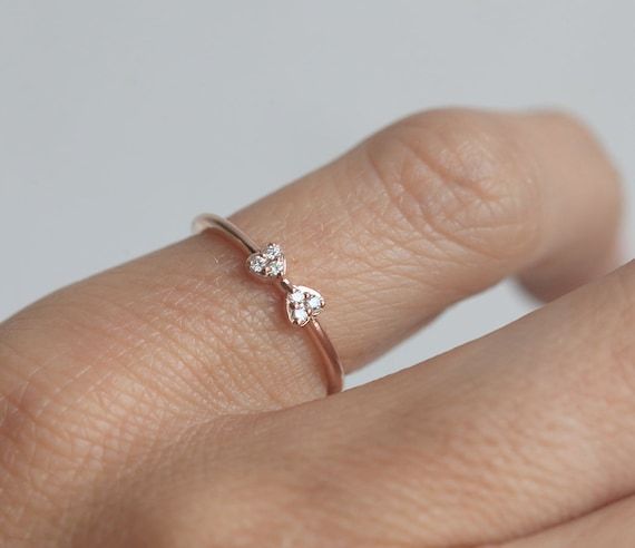 Rose Gold Bow Ring Diamond Ring With Cute Little Bow Dainty – Etsy Sweden Regarding Petite Bow Diamond Stacking Rings (View 11 of 25)