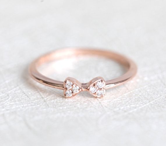 Rose Gold Bow Ring Diamond Ring With Cute Little Bow Dainty – Etsy With Petite Bow Diamond Stacking Rings (View 6 of 25)
