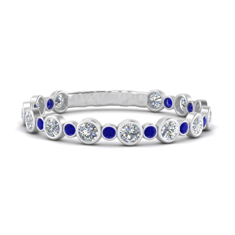 Round Bezel Set Diamond Half Eternity Ring With Sapphire In 14k White Gold  | Fascinating Diamonds Throughout Round Bezel Eternity Band Rings (View 18 of 25)