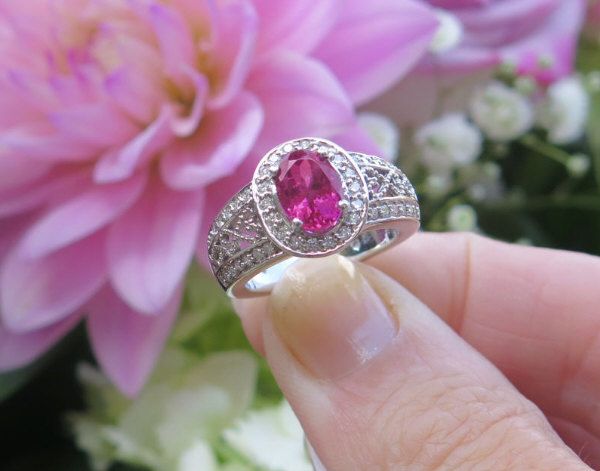Rubellite Tourmaline Diamond Ring With Diamond Halo And Heart Filigree  Design (gr 9123) Within Rubellite And Diamond Halo Rings (View 11 of 25)